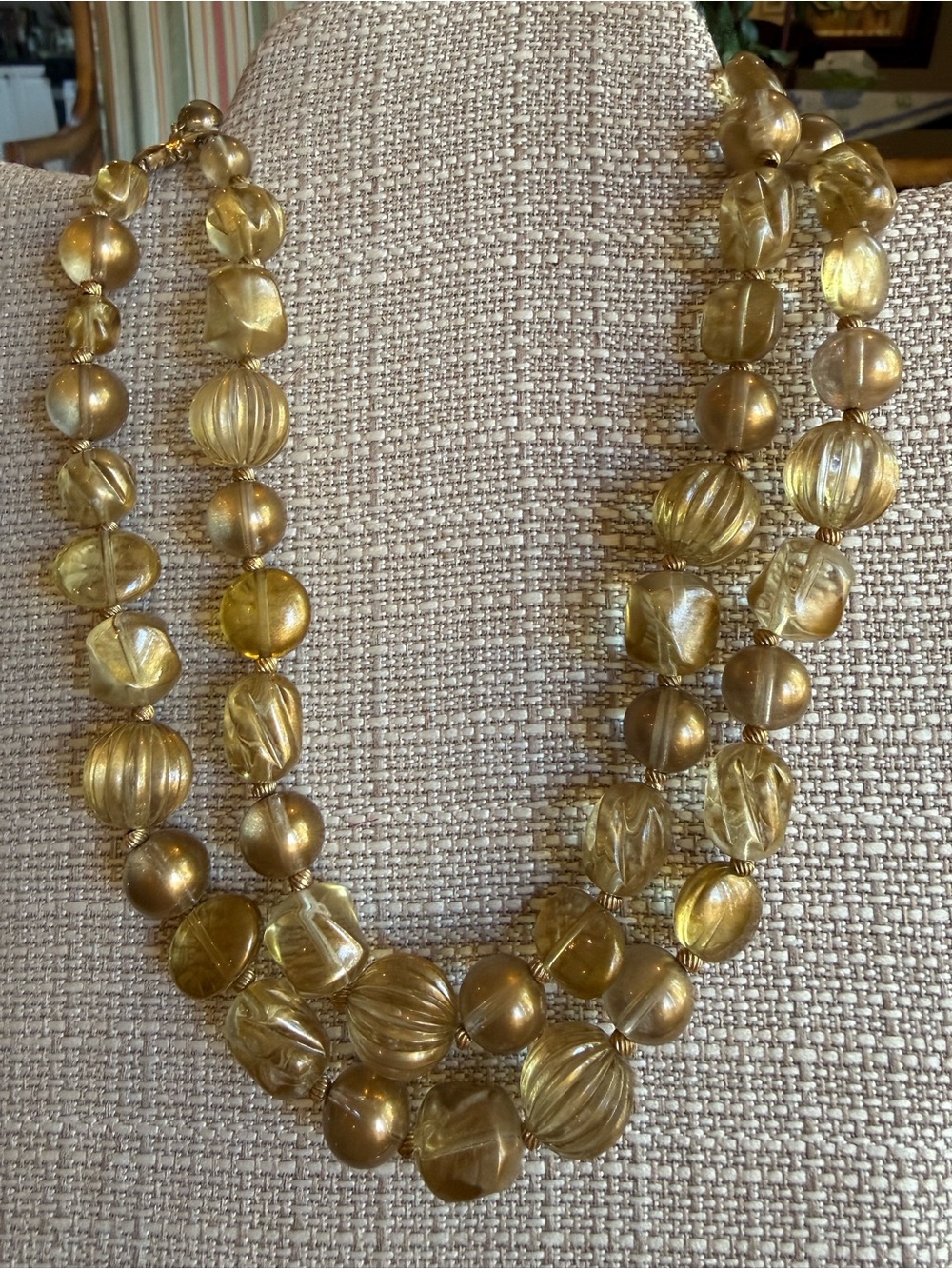 Vintage Marvella Double Amber Honey Gold Lucite Bead Statement necklace Signed